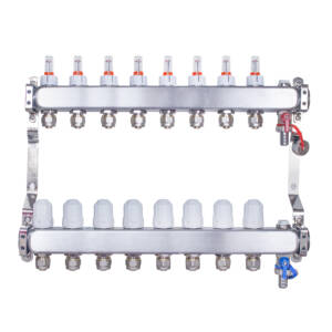 Rozdzielacz INOX ze stali nierdzewnej uzbrojony do ogrzewania podłogowego z adapterami PEX 16 - 8 obwodówRozdzielacz INOX ze stali nierdzewnej uzbrojony do ogrzewania podłogowego z adapterami PEX 16 - 8 obwodów