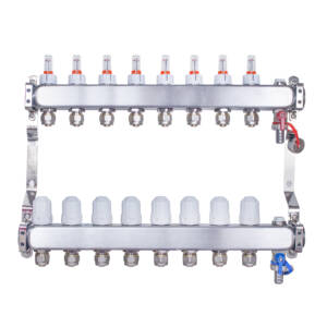 Rozdzielacz INOX ze stali nierdzewnej uzbrojony do ogrzewania podłogowego z adapterami PEX 16 - 8 obwodów