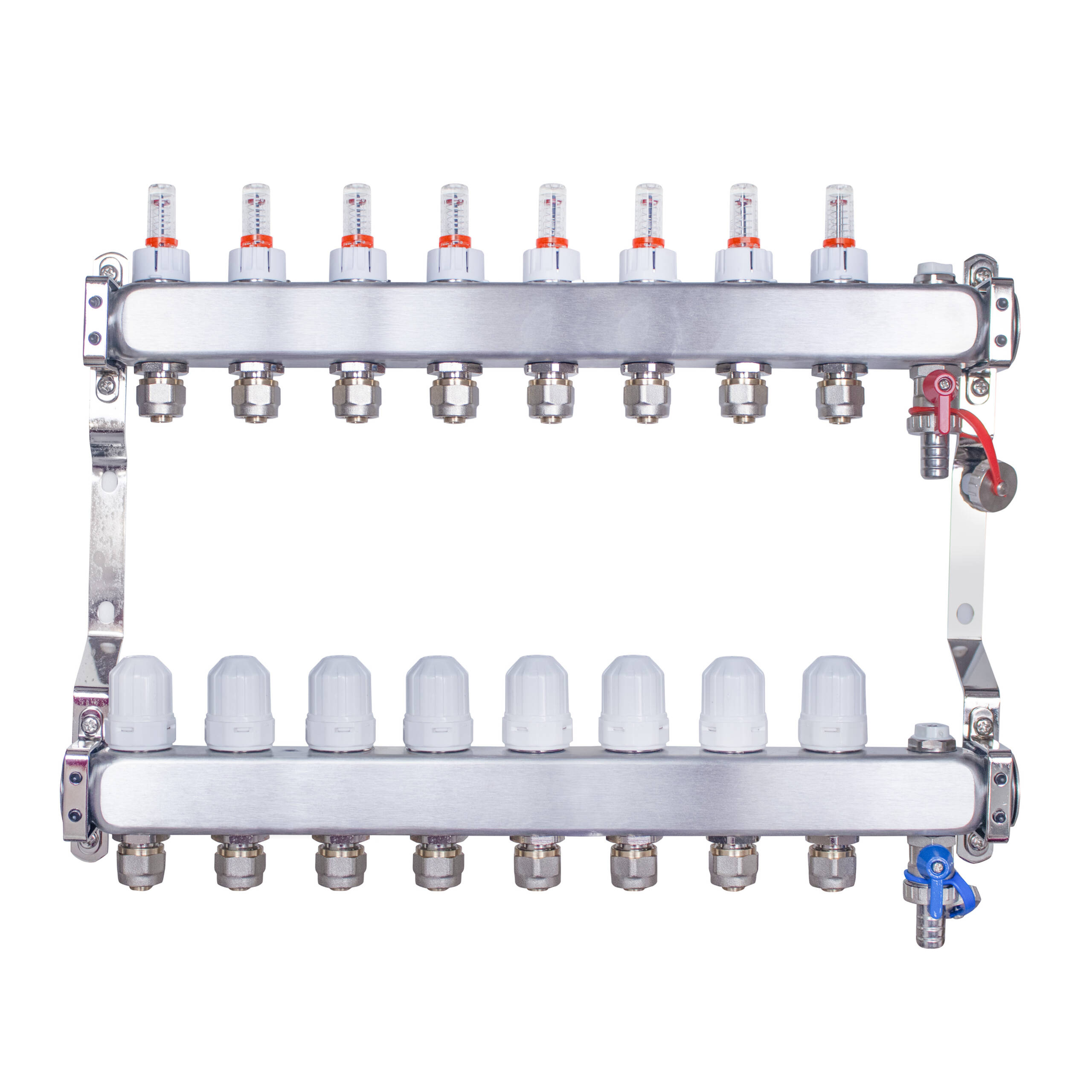 Rozdzielacz INOX ze stali nierdzewnej uzbrojony do ogrzewania podłogowego z adapterami PEX 16 - 8 obwodów